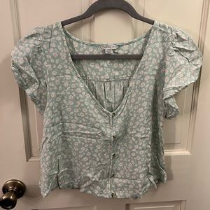 American Eagle Mint Flutter-Sleeve Button-Up Babydoll Blouse